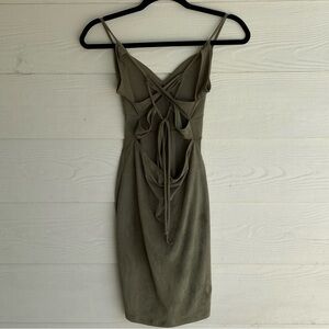 Midi Dress Sage Green Smooth Faux Suede, V-neckline,Criss-Cross Back Size: Small